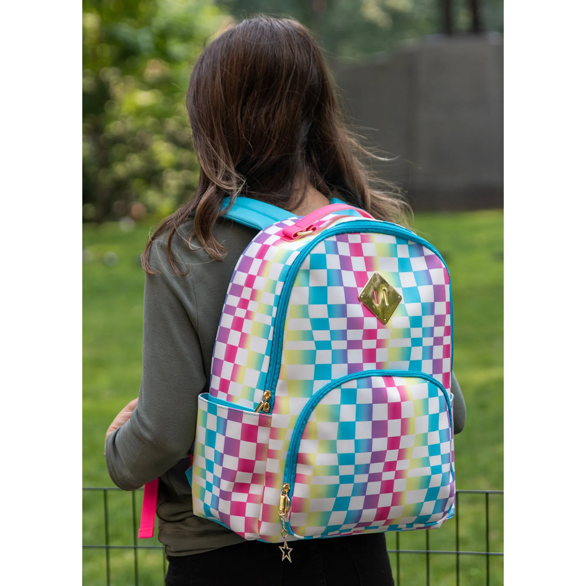 17-Inch Printed Vinyl Backpack - Rainbow Checkered