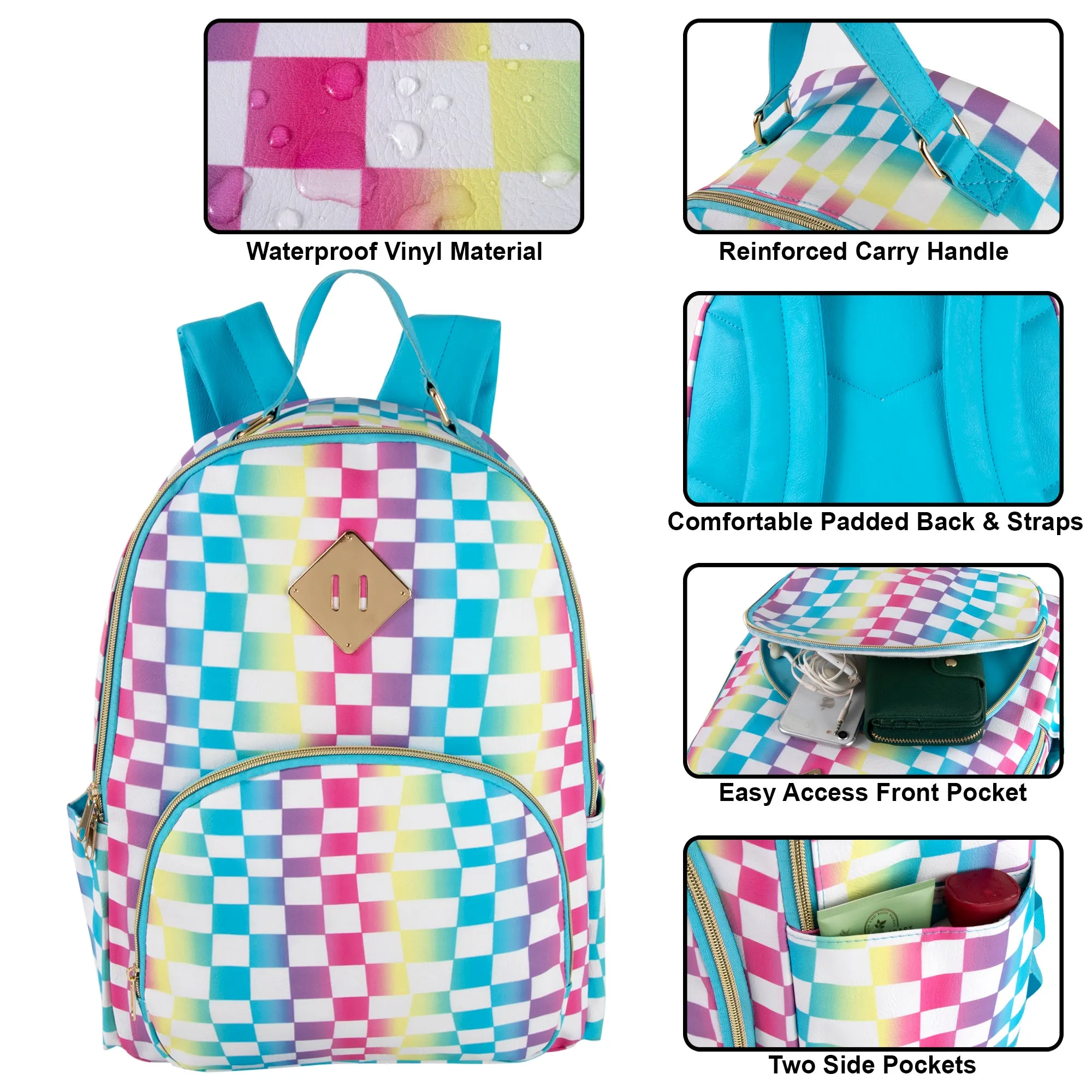 17-Inch Printed Vinyl Backpack - Rainbow Checkered