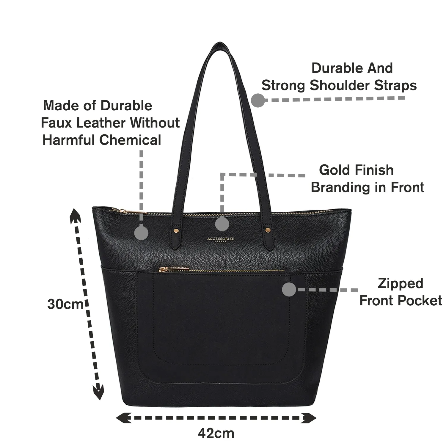 Accessorize London Women's Faux Leather Black Spacious Emily Tote Bag