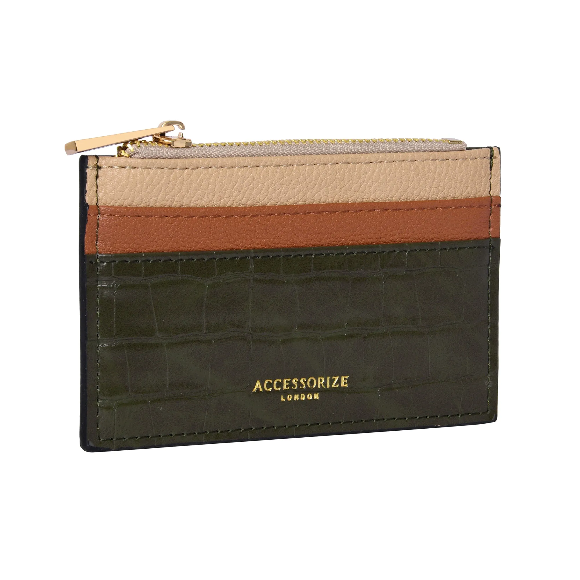 Accessorize London Women's Faux Leather Khaki Colourblock 3 Compartment Card Holder