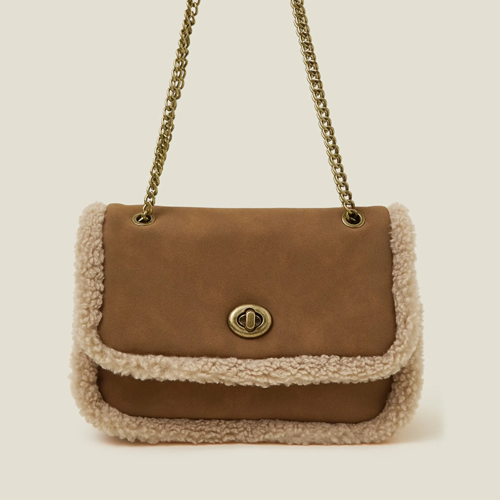 Accessorize London Women's Tan Shearling Trim Chain Sling Bag