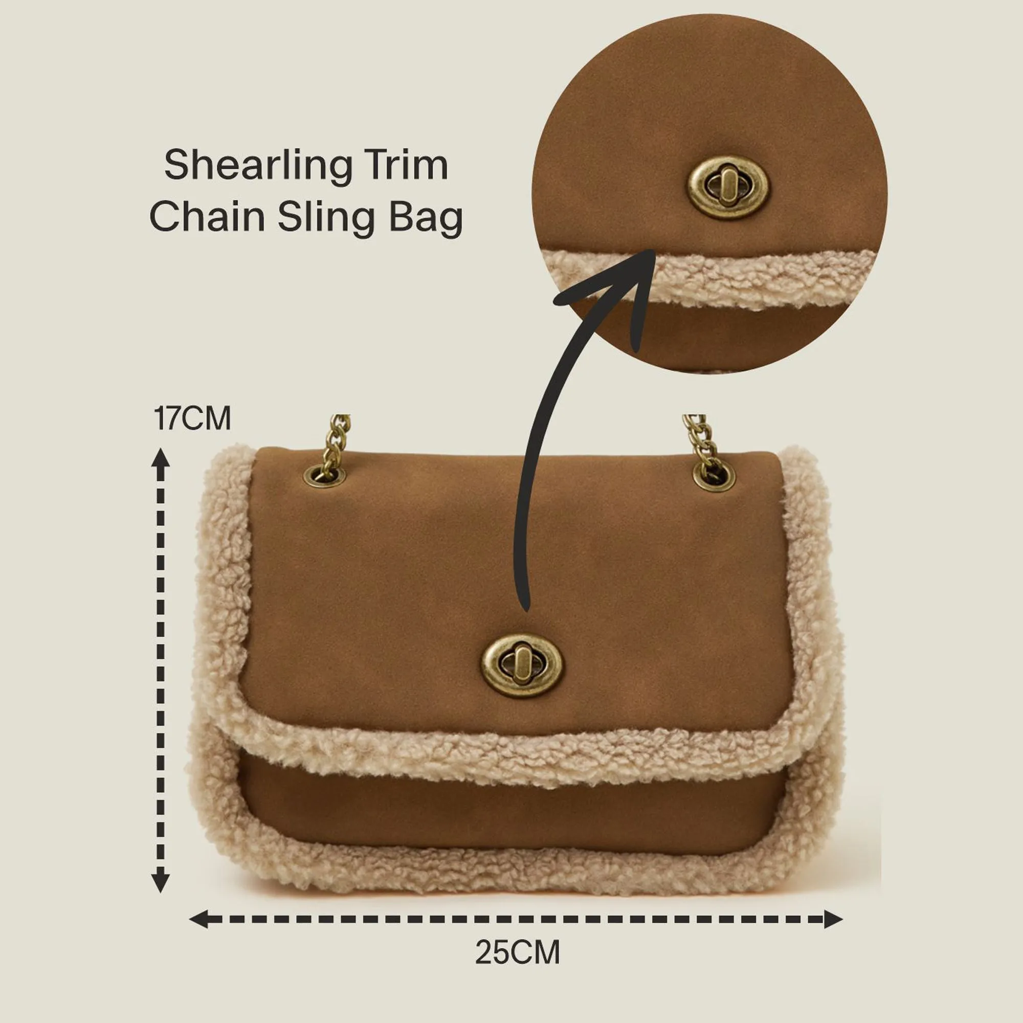 Accessorize London Women's Tan Shearling Trim Chain Sling Bag