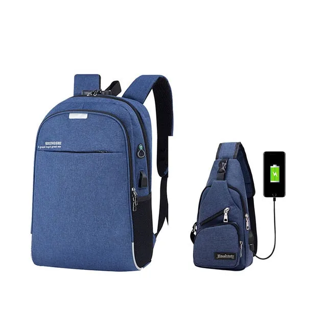 Anti-Theft Laptop Backpack w/ USB Charging Port and Small Sling Bag Set