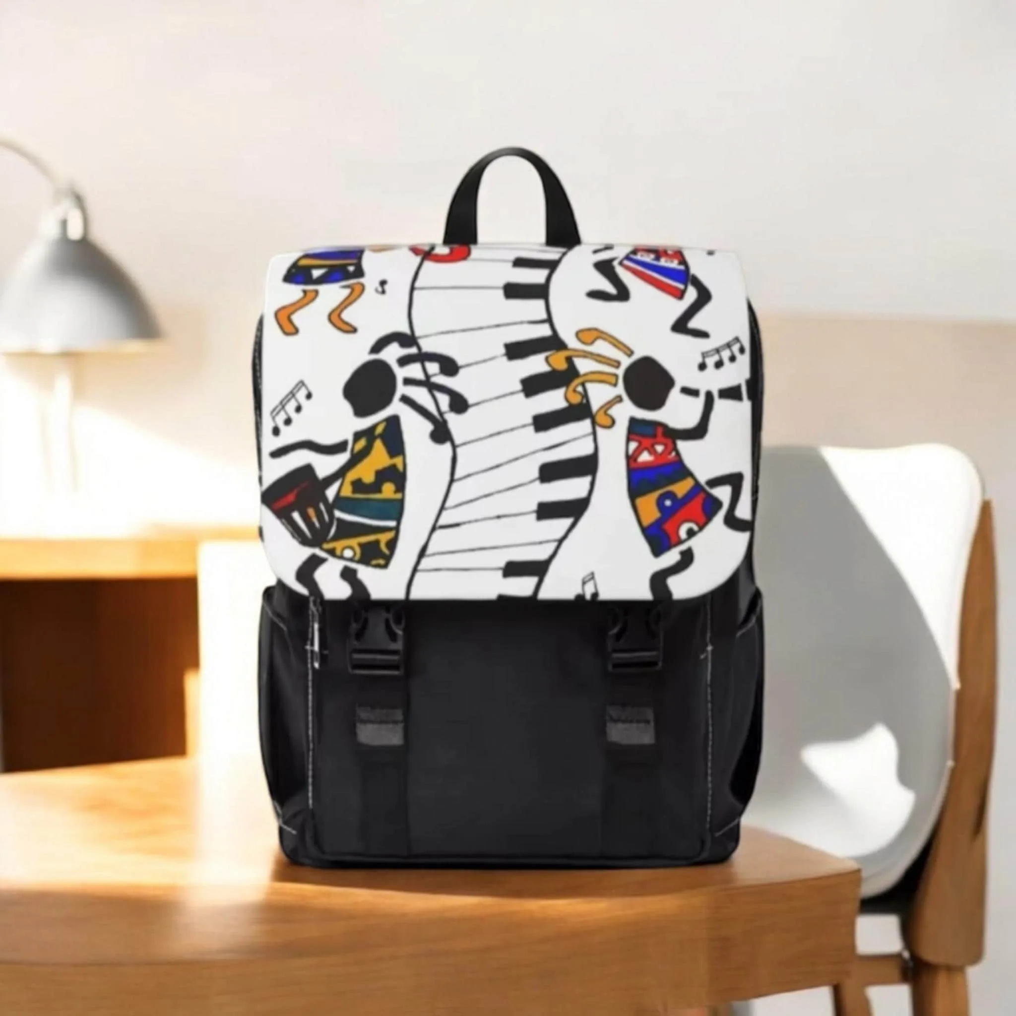 Artistic Music Design Backpack - Handcrafted, Spacious Oxford Canvas Bag