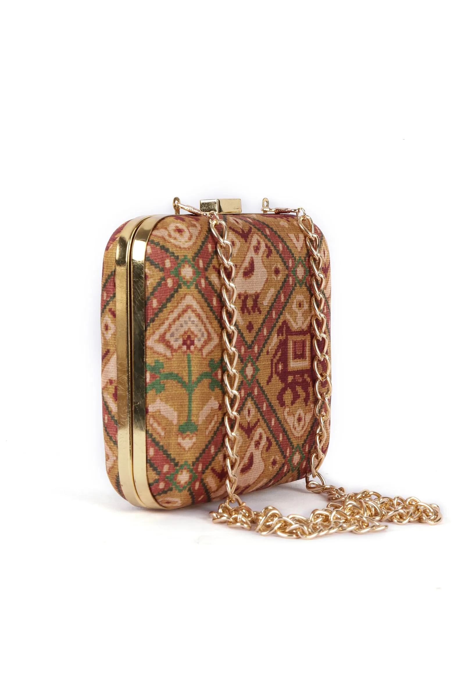 Aviva Golden & Multi Patola Print Square Box Clutch