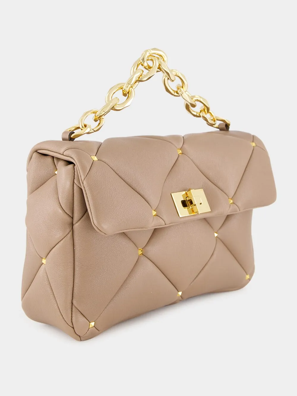 Beige Quilted Lambskin Handbag with Chain Strap