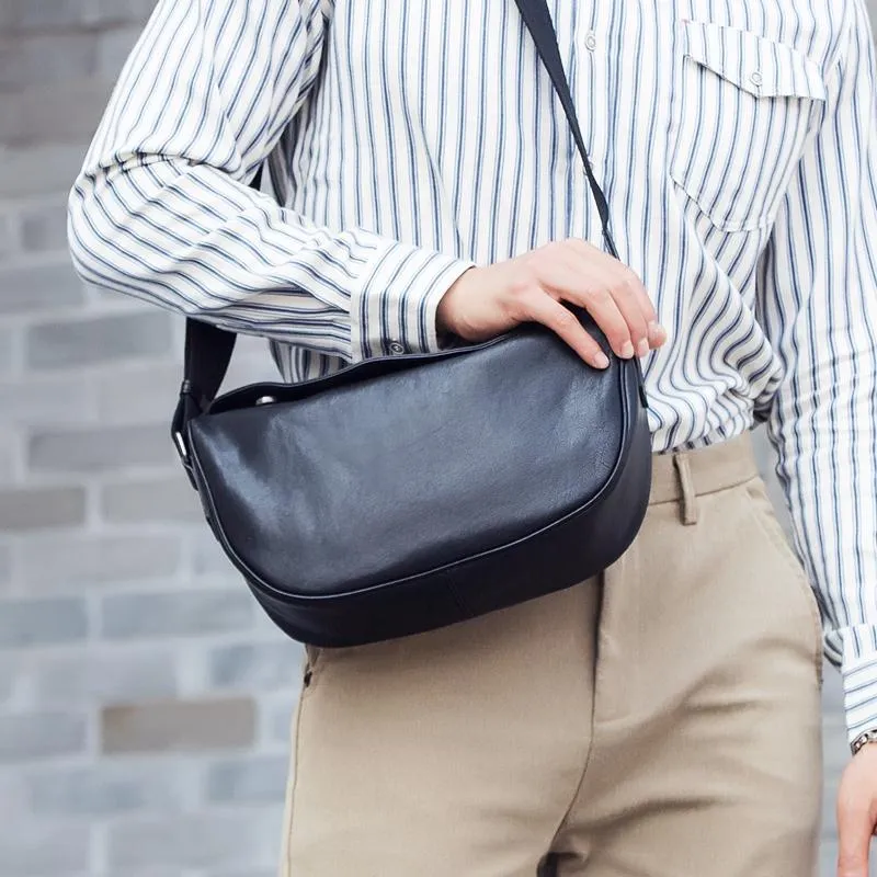 Black Cool Leather Mens 12 inches Side Bag Messenger Bags Casual Bicycle Bags for Men