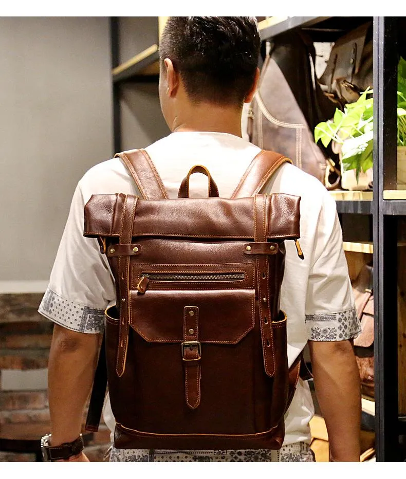 Black Mens Leather 15 inches Large School Laptop Backpack Brown Travel Backpacks for Men