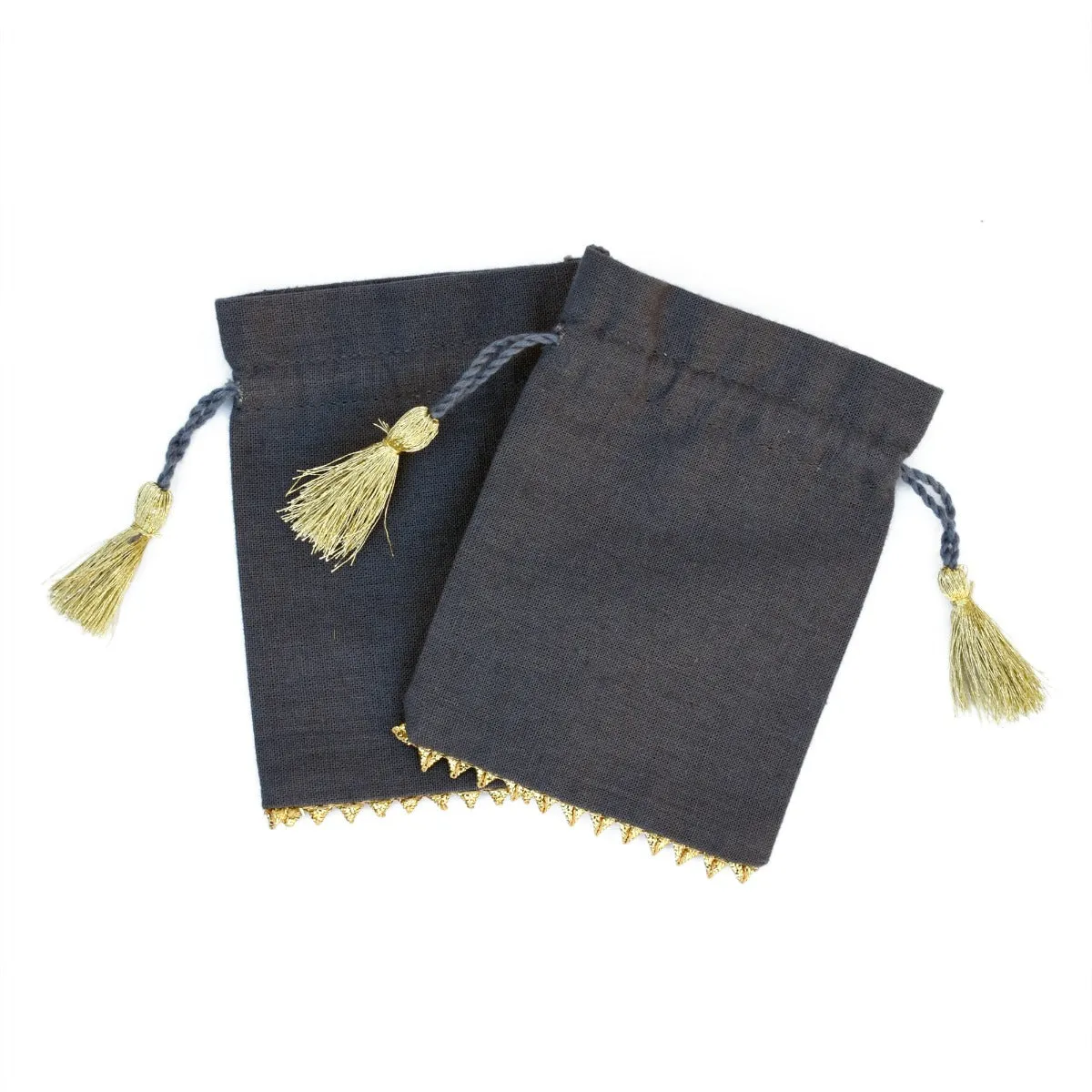 Bottom Gold Lace Jewelry Bags, Wedding Gift Cotton Drawstring Gray Pouches - CraftJaipur