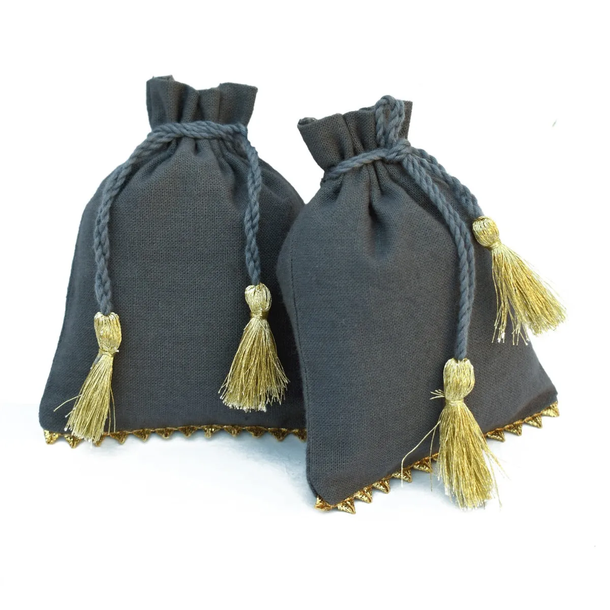 Bottom Gold Lace Jewelry Bags, Wedding Gift Cotton Drawstring Gray Pouches - CraftJaipur