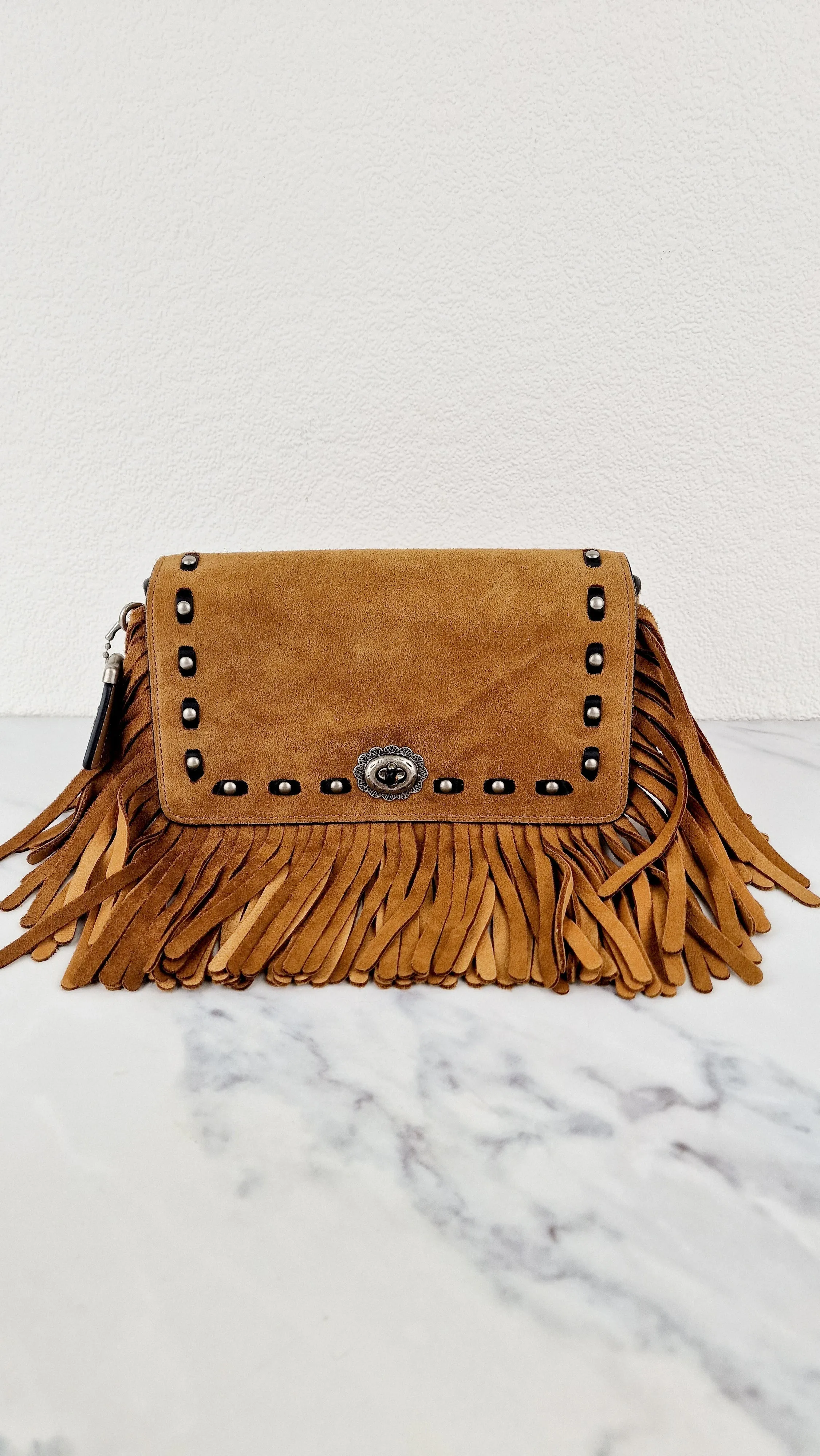 Coach 1941 Dinky in Light Saddle Tan Brown Cervo Suede with Fringe & Light Antique Nickel Concho Turnlock - Crossbody Bag Shoulder Bag - Coach 86821