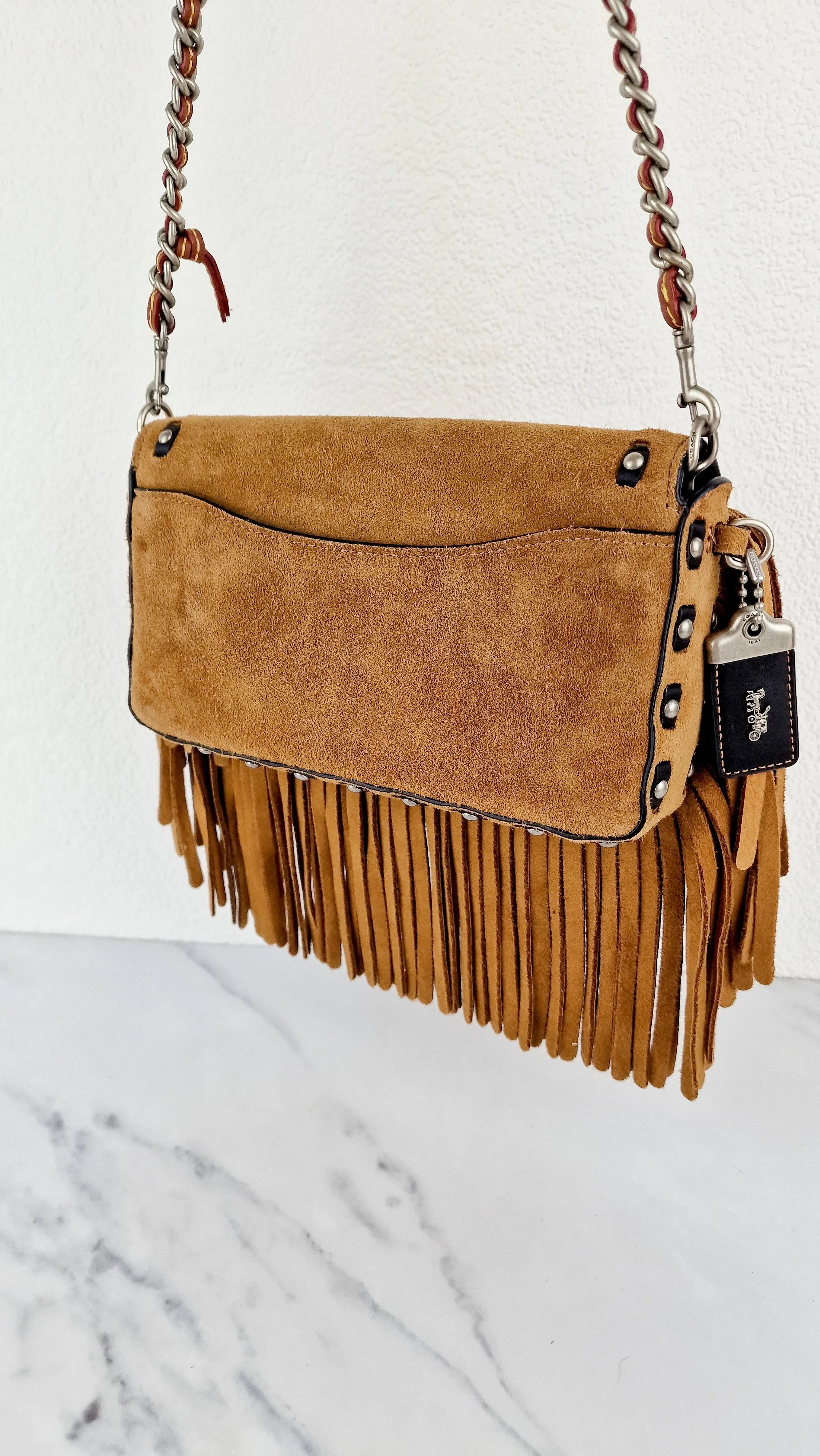 Coach 1941 Dinky in Light Saddle Tan Brown Cervo Suede with Fringe & Light Antique Nickel Concho Turnlock - Crossbody Bag Shoulder Bag - Coach 86821