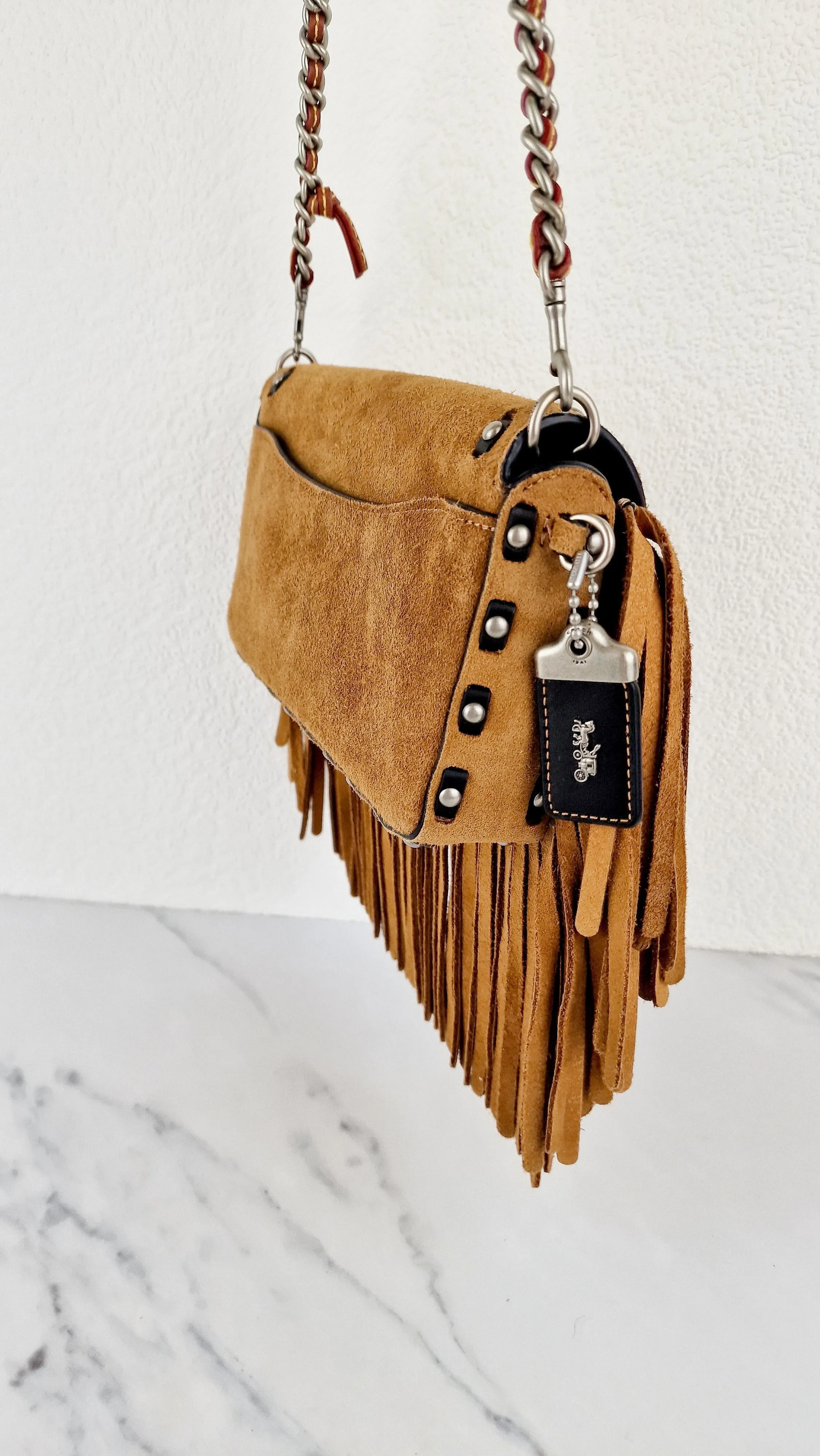 Coach 1941 Dinky in Light Saddle Tan Brown Cervo Suede with Fringe & Light Antique Nickel Concho Turnlock - Crossbody Bag Shoulder Bag - Coach 86821