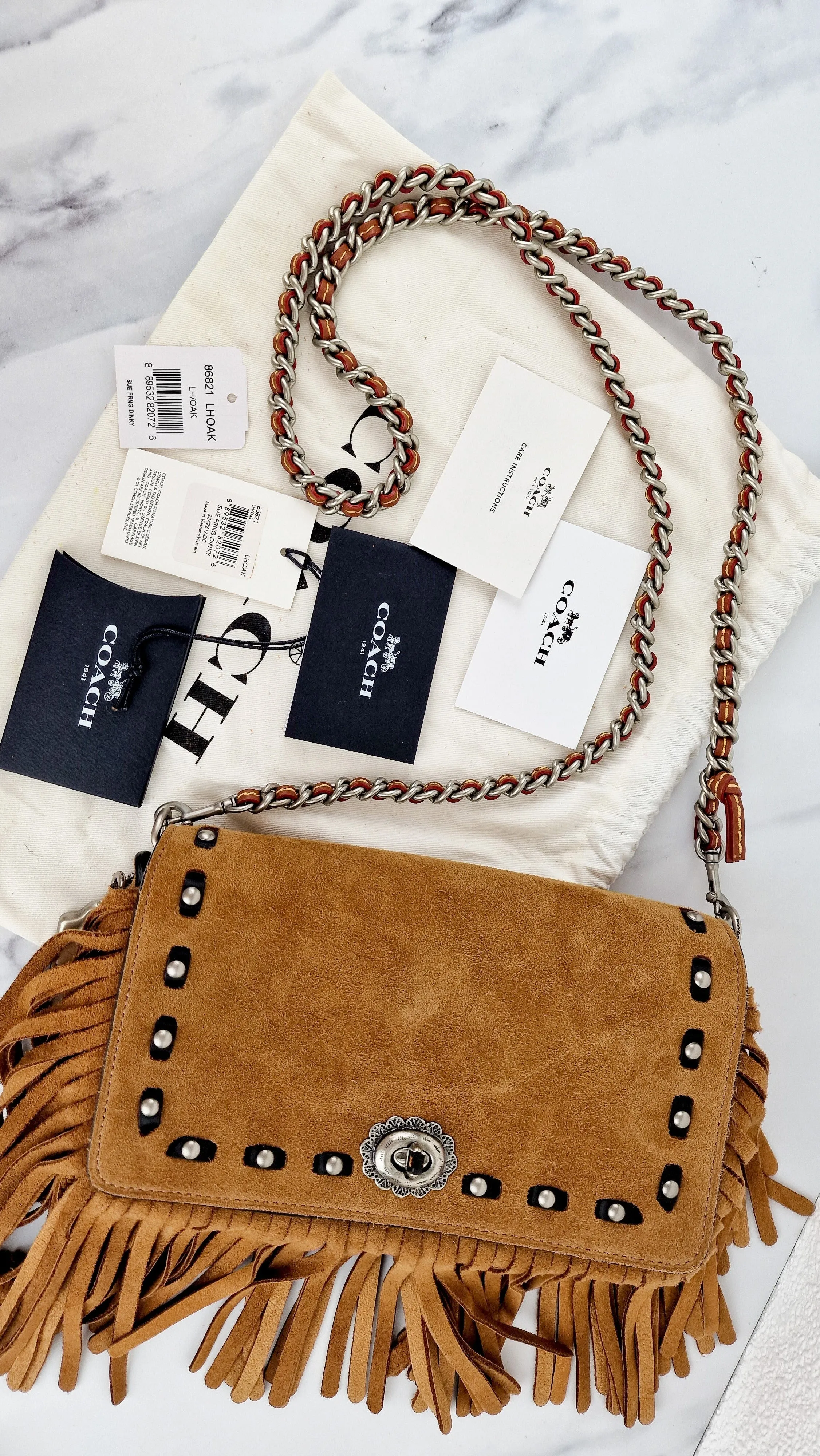 Coach 1941 Dinky in Light Saddle Tan Brown Cervo Suede with Fringe & Light Antique Nickel Concho Turnlock - Crossbody Bag Shoulder Bag - Coach 86821