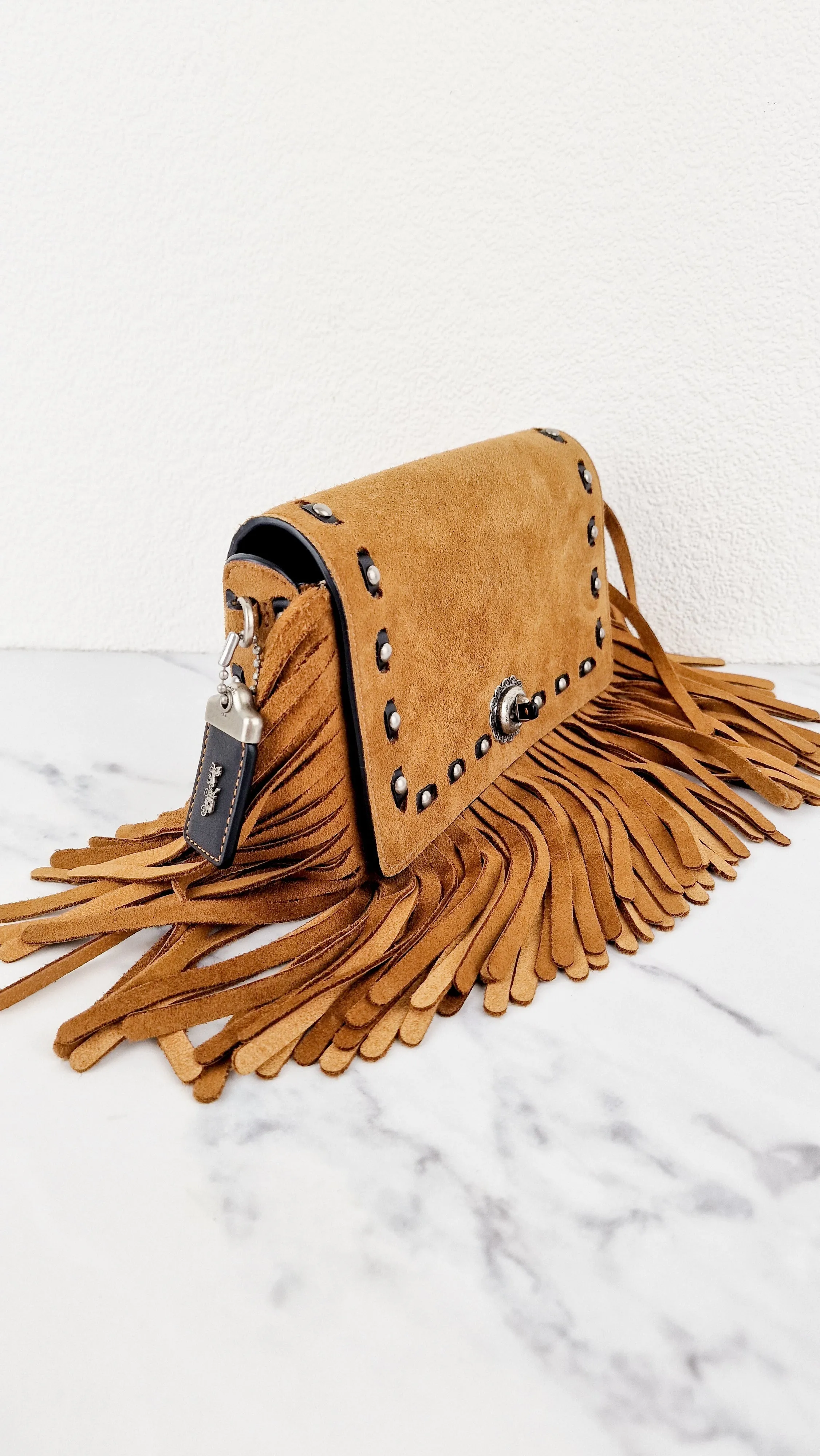 Coach 1941 Dinky in Light Saddle Tan Brown Cervo Suede with Fringe & Light Antique Nickel Concho Turnlock - Crossbody Bag Shoulder Bag - Coach 86821