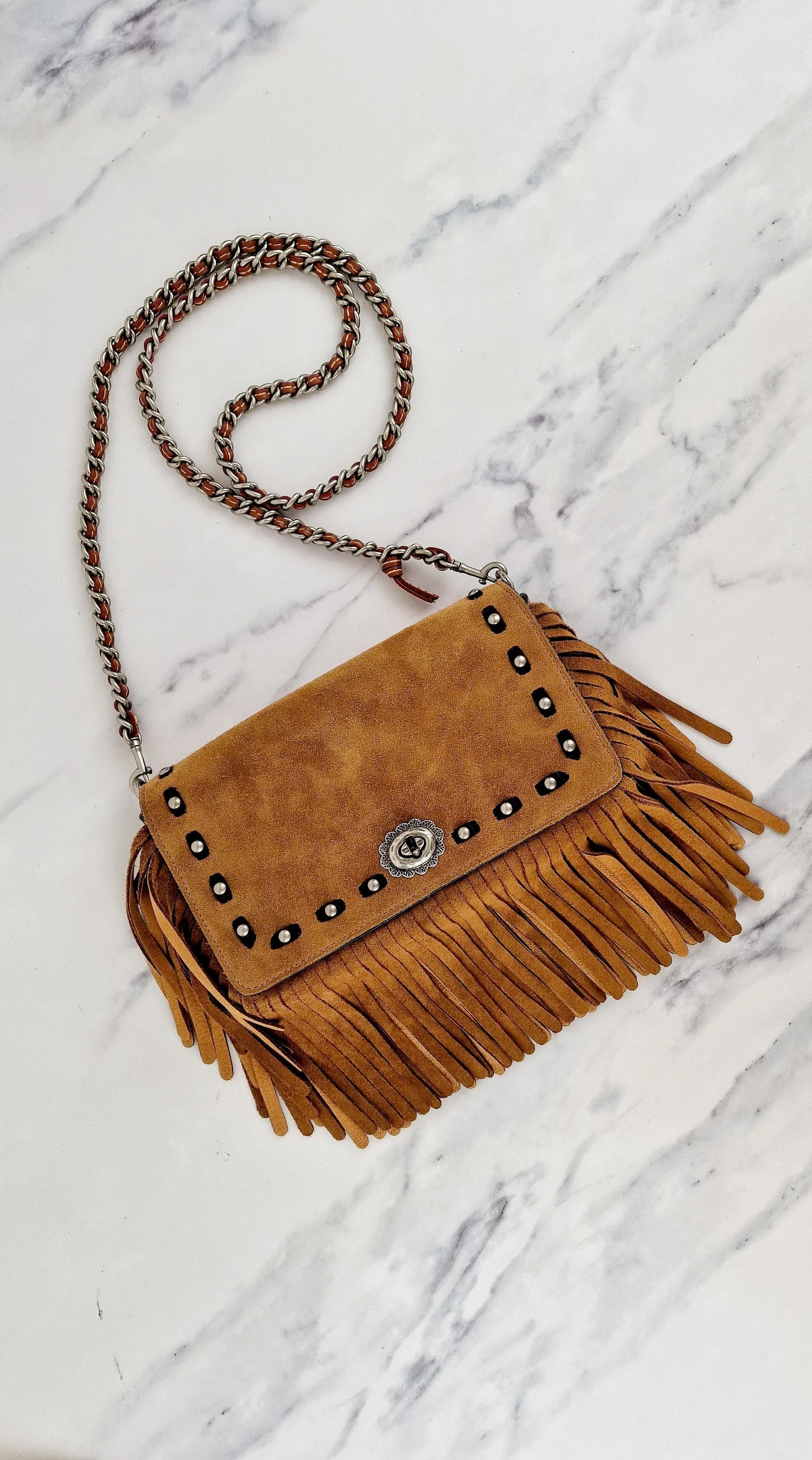 Coach 1941 Dinky in Light Saddle Tan Brown Cervo Suede with Fringe & Light Antique Nickel Concho Turnlock - Crossbody Bag Shoulder Bag - Coach 86821