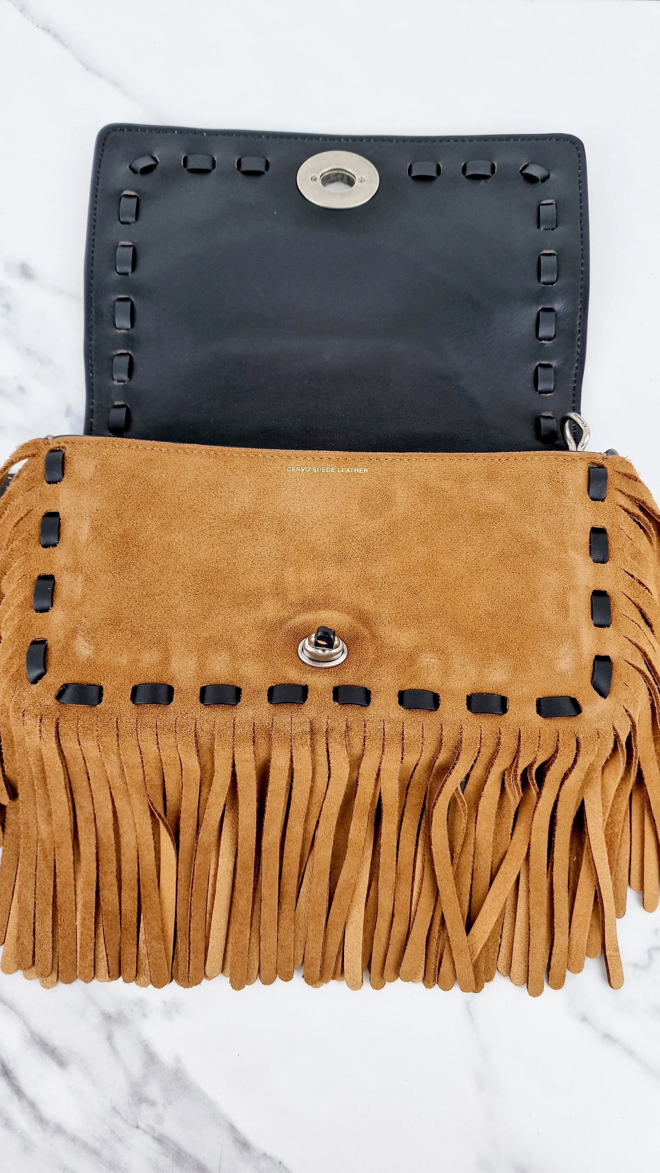 Coach 1941 Dinky in Light Saddle Tan Brown Cervo Suede with Fringe & Light Antique Nickel Concho Turnlock - Crossbody Bag Shoulder Bag - Coach 86821