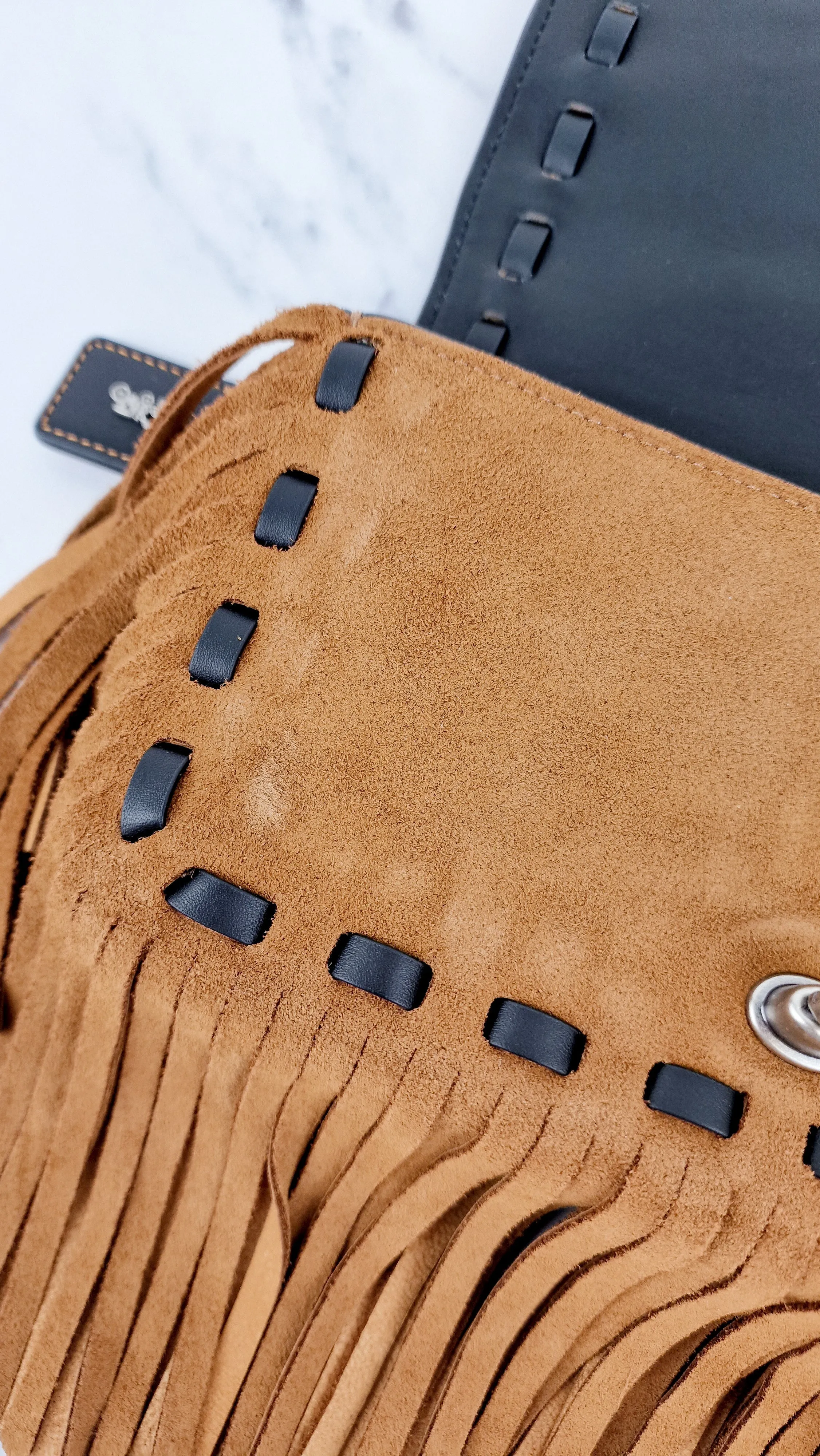 Coach 1941 Dinky in Light Saddle Tan Brown Cervo Suede with Fringe & Light Antique Nickel Concho Turnlock - Crossbody Bag Shoulder Bag - Coach 86821