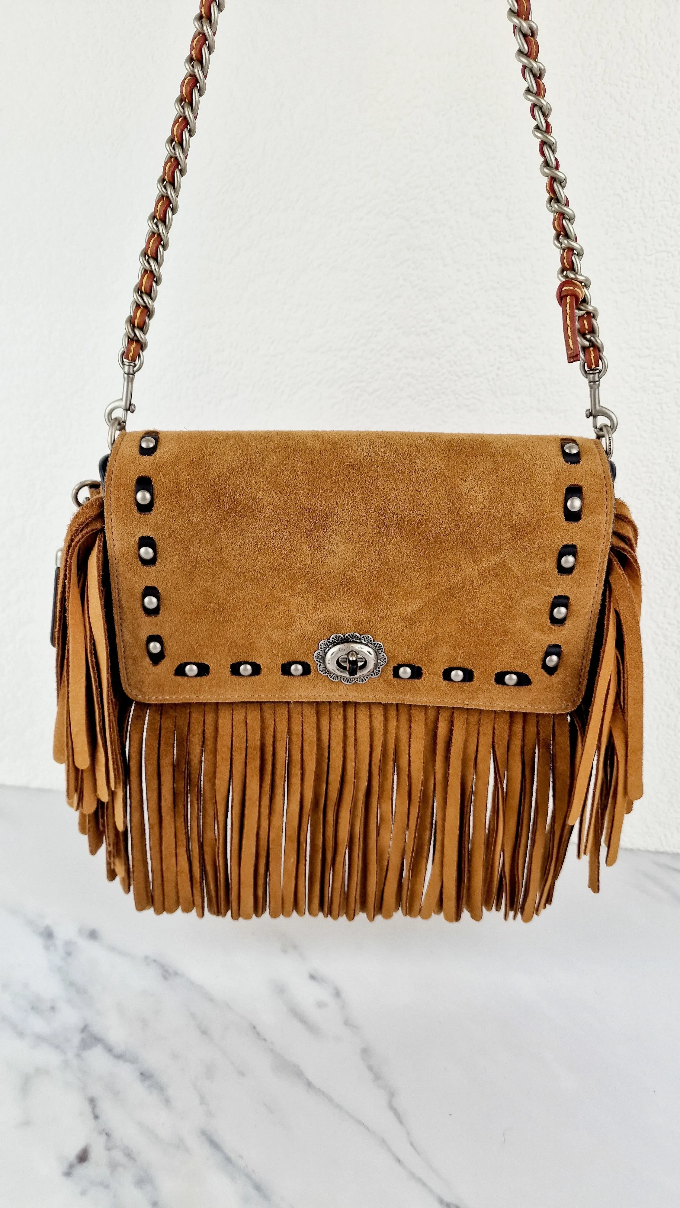 Coach 1941 Dinky in Light Saddle Tan Brown Cervo Suede with Fringe & Light Antique Nickel Concho Turnlock - Crossbody Bag Shoulder Bag - Coach 86821