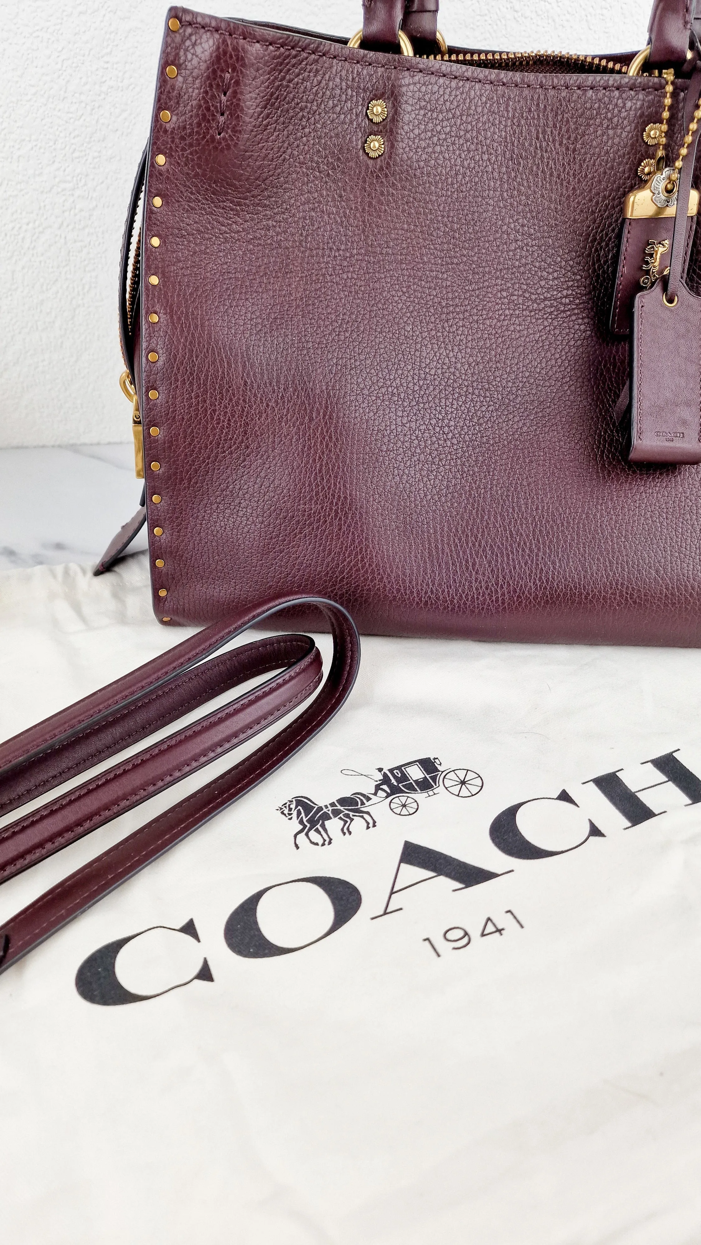 Coach 1941 Rogue 31 in Oxblood Pebble Leather with Border Rivets & Brass Hardware - Coach 30457