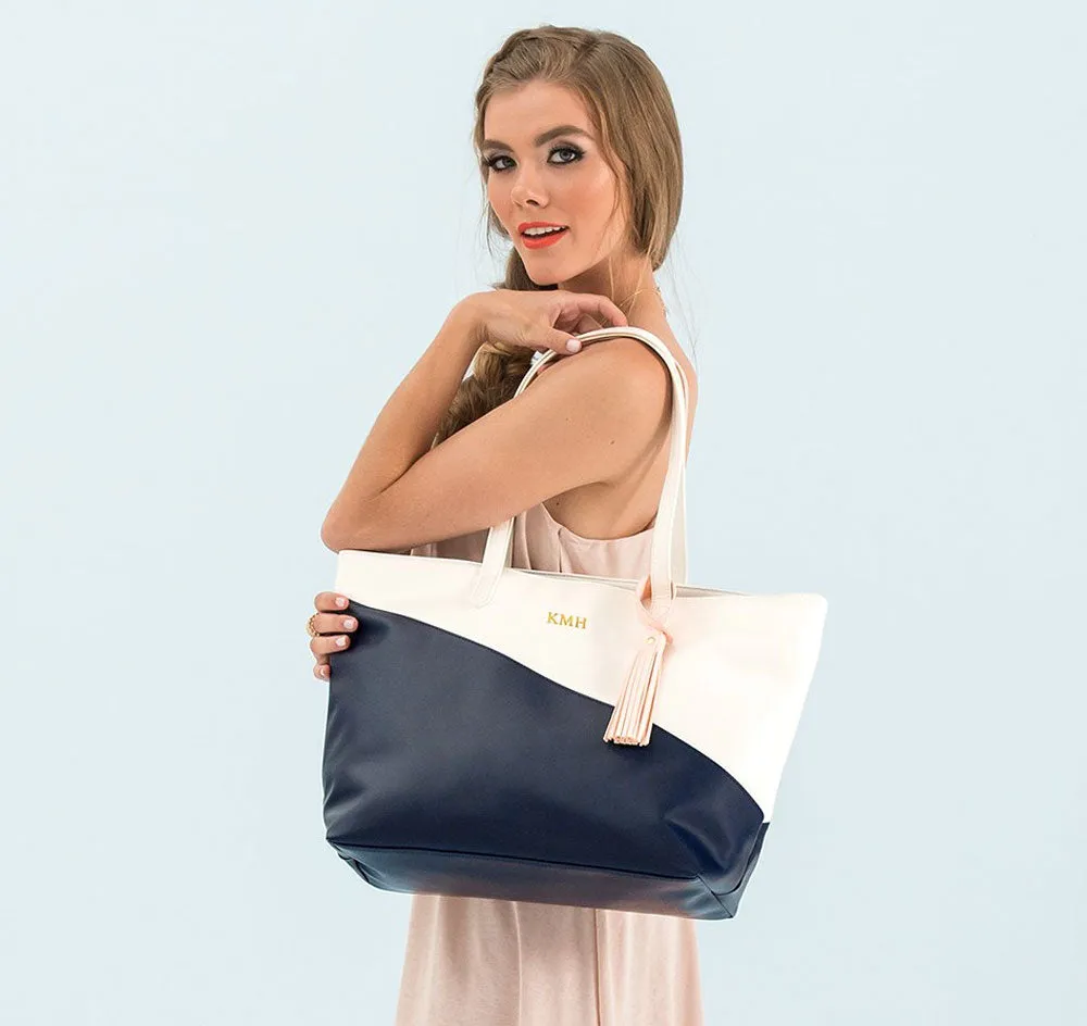 Faux Leather Color Block Tote Bag - Navy & White