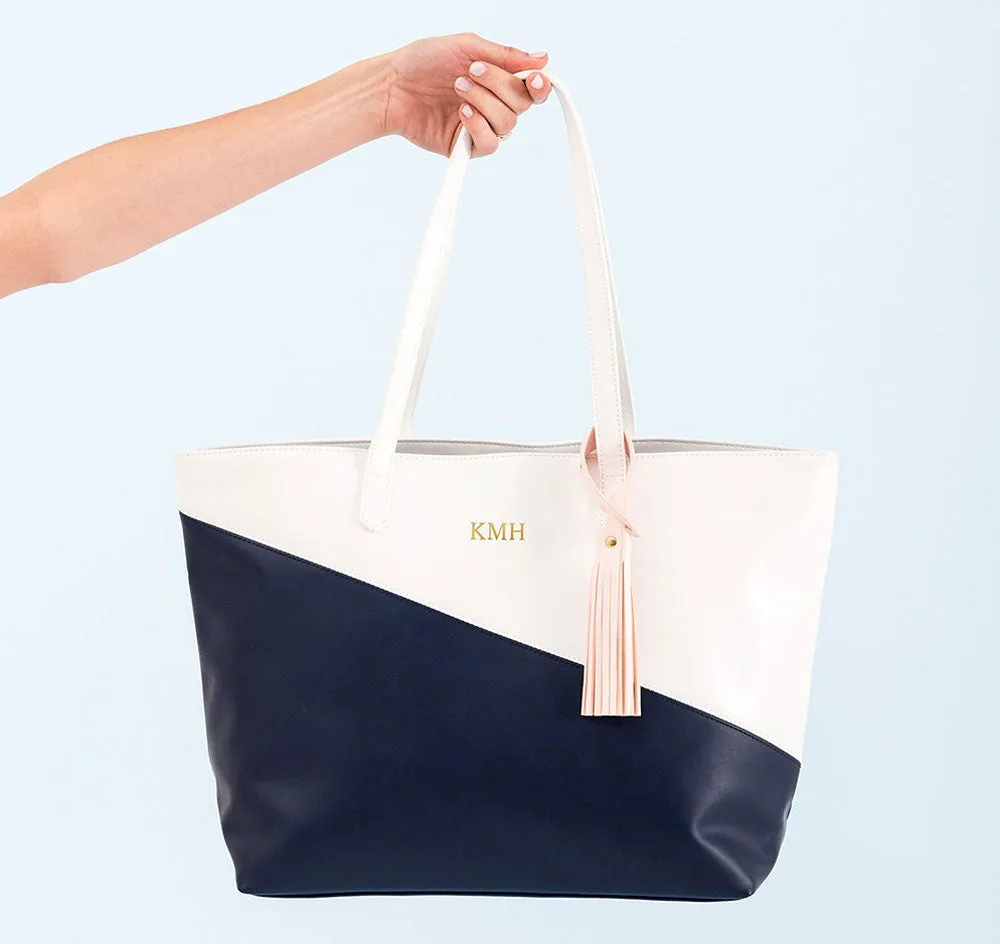 Faux Leather Color Block Tote Bag - Navy & White