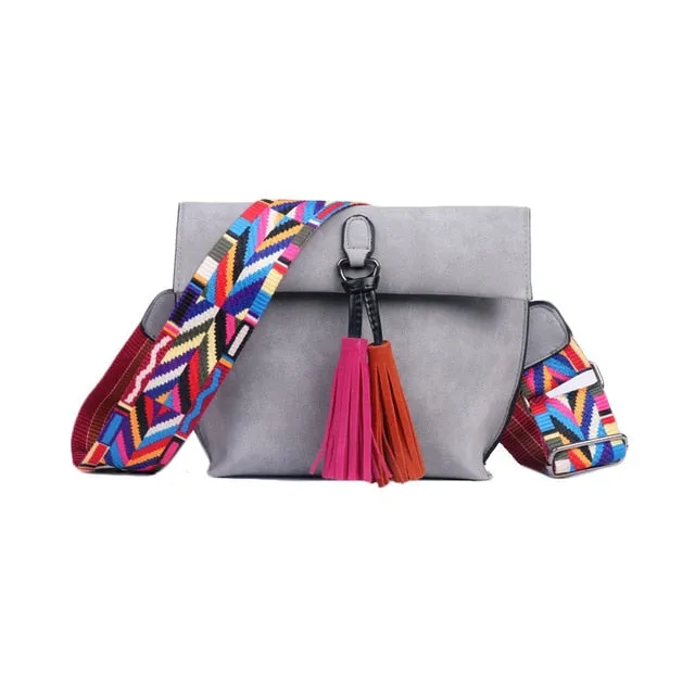 Female Stylish Tassel Trim Scrub PU Crossbody Bags With Colorful Strap