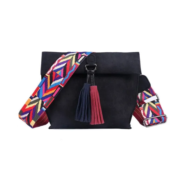 Female Stylish Tassel Trim Scrub PU Crossbody Bags With Colorful Strap