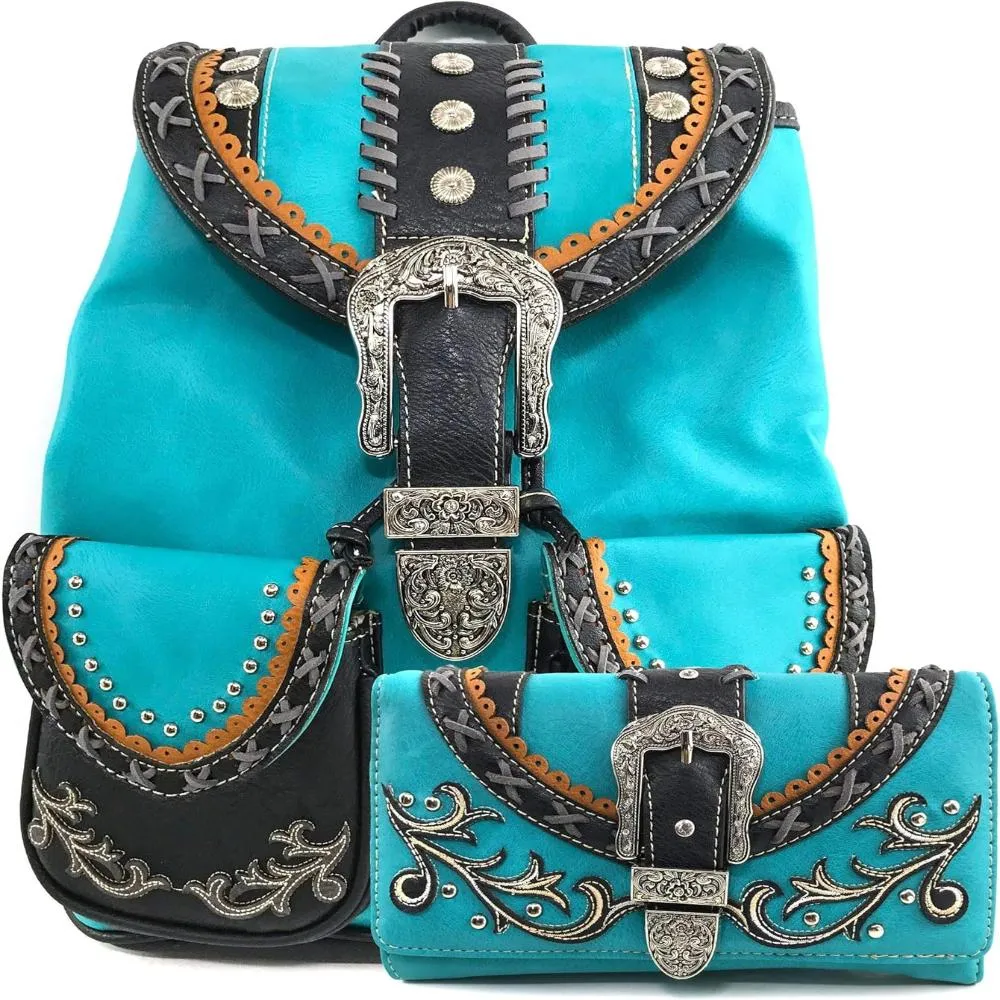 Floral Buckle Rucksack Backpack with Matching Wallet Set