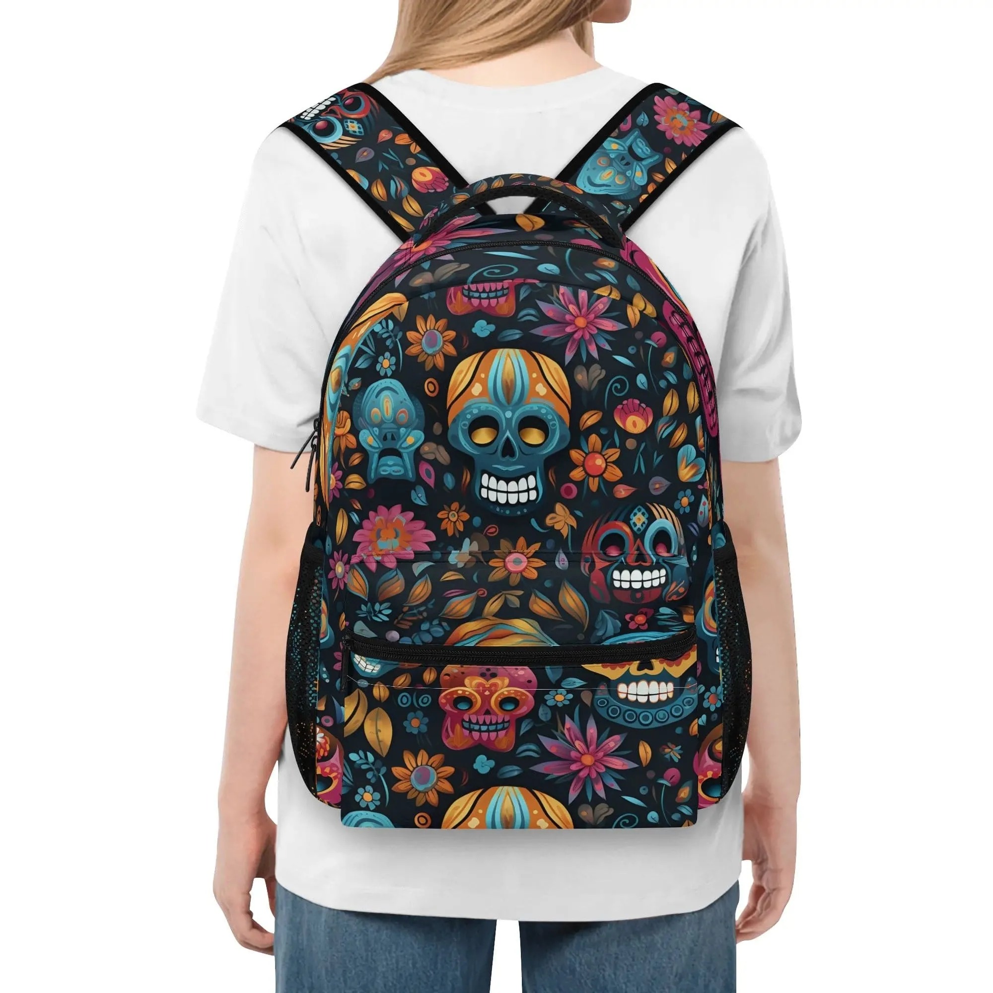 Floral Colorful Skulls Casual Style School Backpack