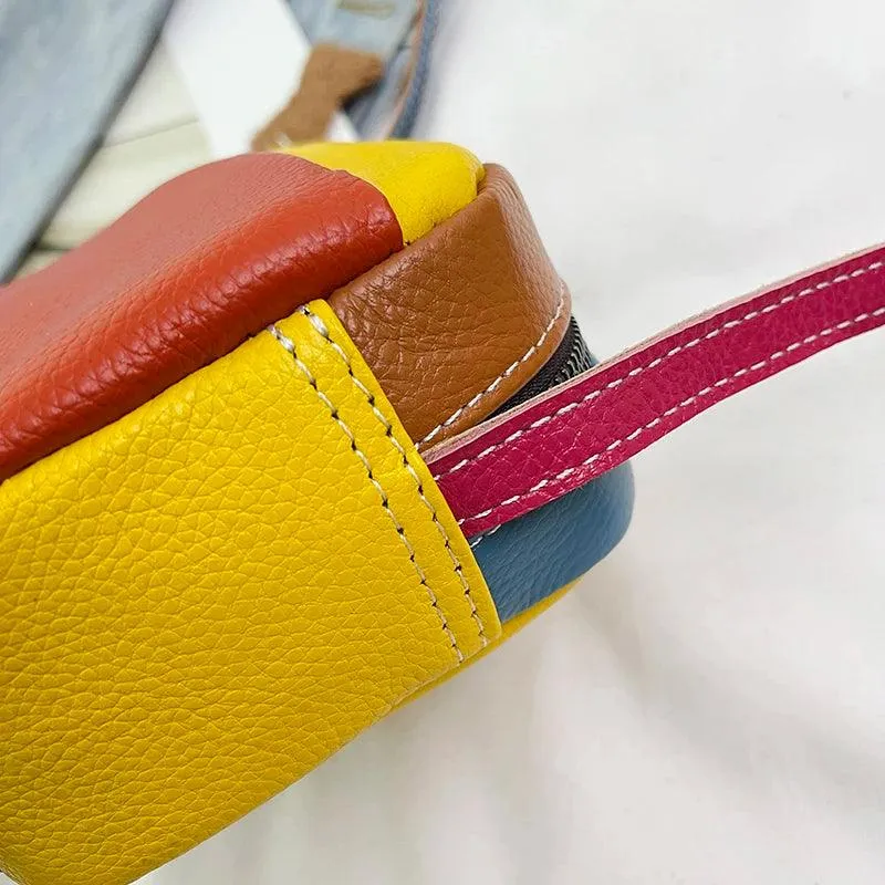 Genuine Leather Crossbody Bags Colorful Quilted Outer Pocket Small Multicolor