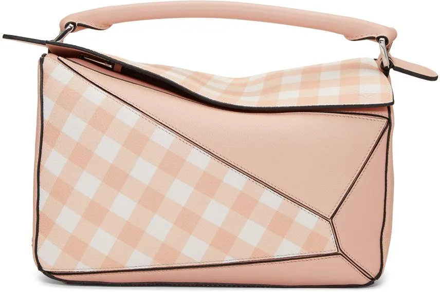 Gingham-Paneled Puzzle Leather Shoulder Bag - Pink, Green, Blue