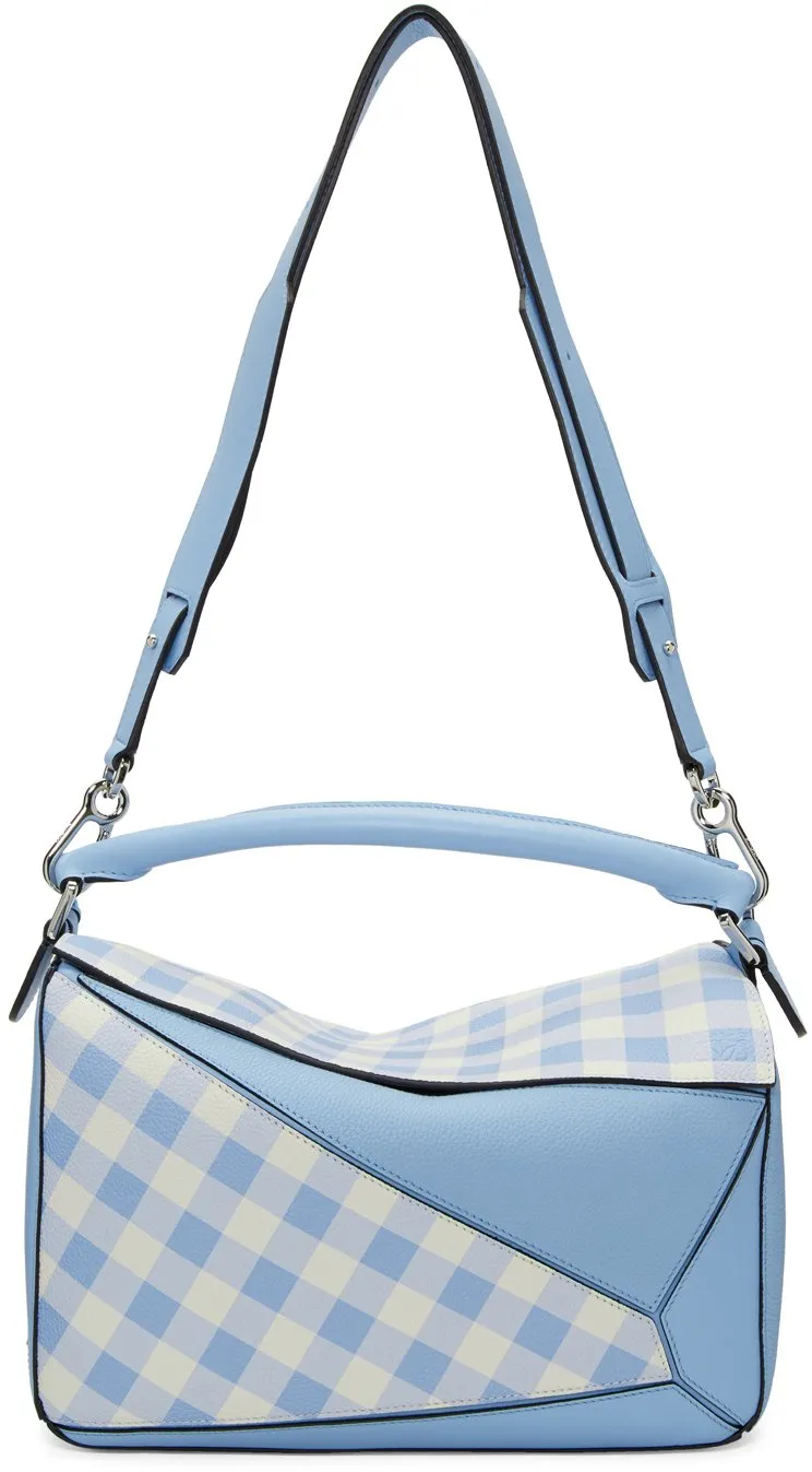 Gingham-Paneled Puzzle Leather Shoulder Bag - Pink, Green, Blue