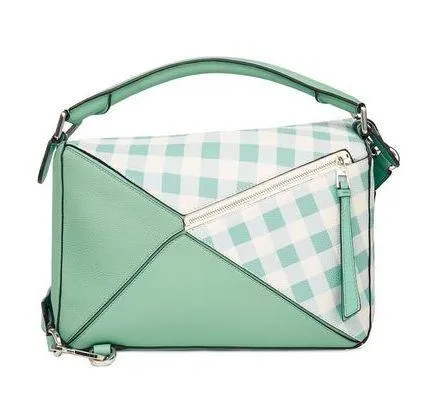 Gingham-Paneled Puzzle Leather Shoulder Bag - Pink, Green, Blue