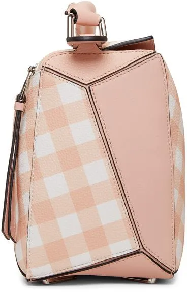 Gingham-Paneled Puzzle Leather Shoulder Bag - Pink, Green, Blue