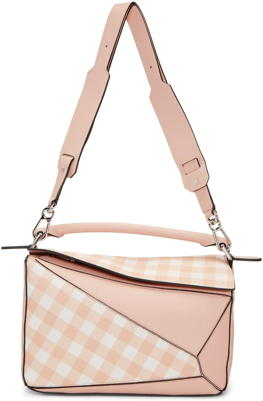 Gingham-Paneled Puzzle Leather Shoulder Bag - Pink, Green, Blue