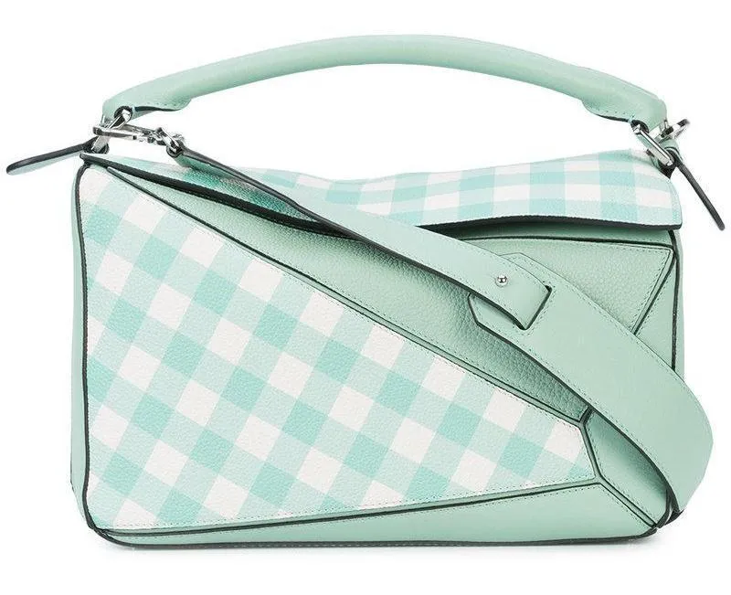 Gingham-Paneled Puzzle Leather Shoulder Bag - Pink, Green, Blue