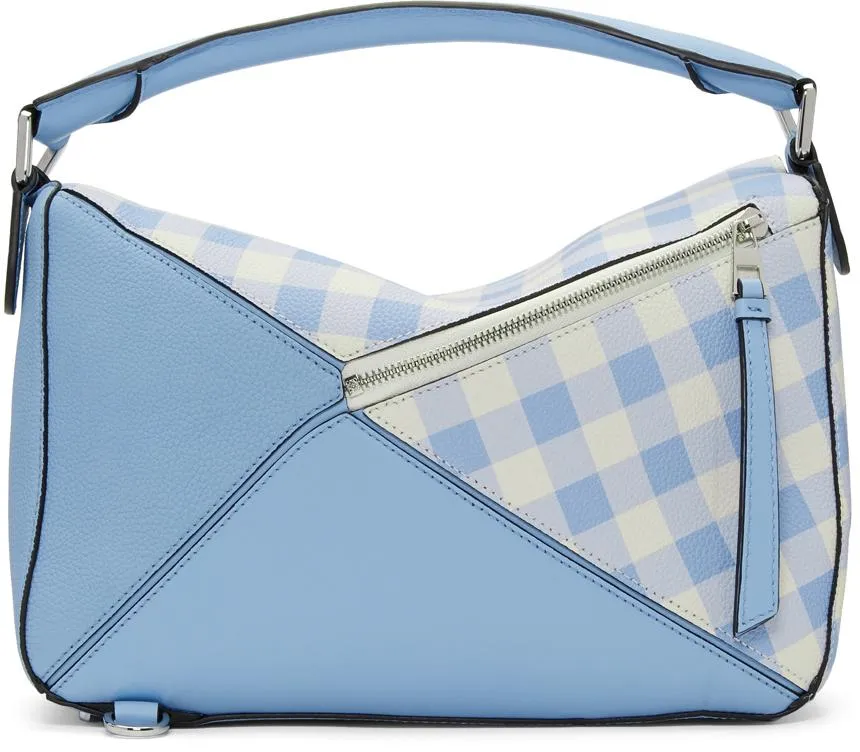 Gingham-Paneled Puzzle Leather Shoulder Bag - Pink, Green, Blue