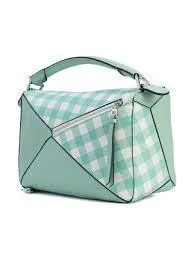 Gingham-Paneled Puzzle Leather Shoulder Bag - Pink, Green, Blue