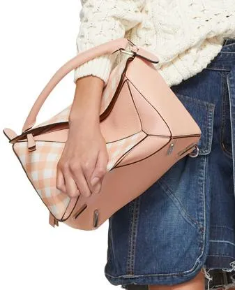 Gingham-Paneled Puzzle Leather Shoulder Bag - Pink, Green, Blue