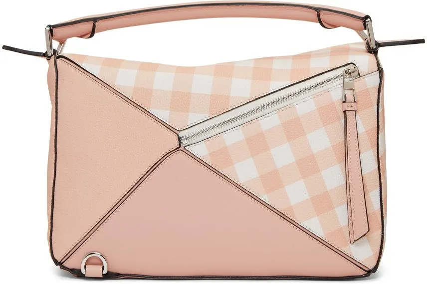 Gingham-Paneled Puzzle Leather Shoulder Bag - Pink, Green, Blue