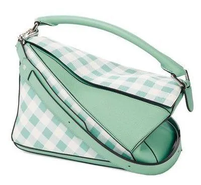 Gingham-Paneled Puzzle Leather Shoulder Bag - Pink, Green, Blue