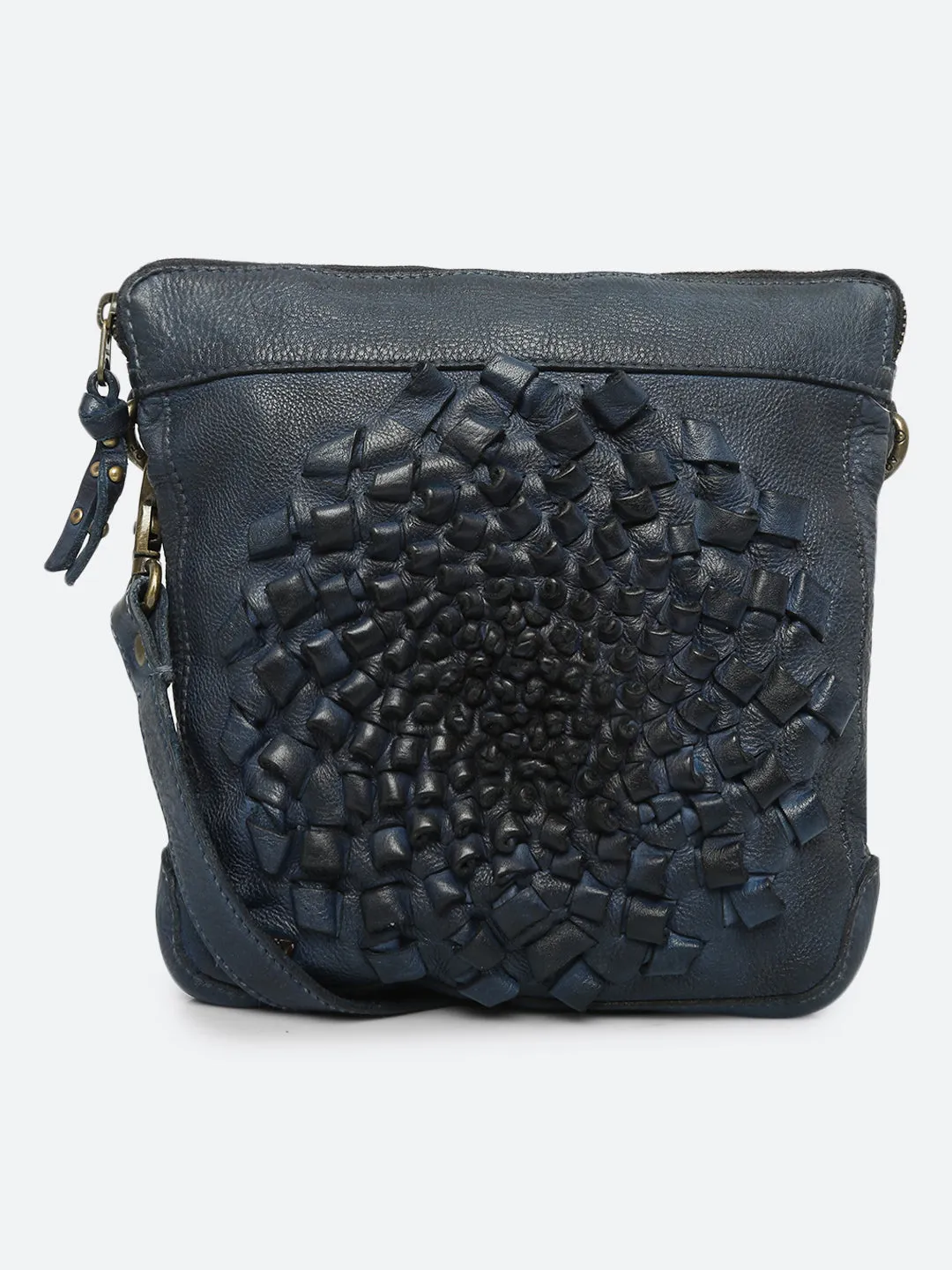 Glory: Navy Leather 3d Woven Flower Mini Crossbody