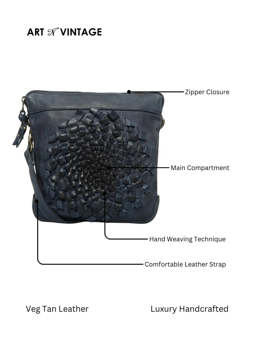 Glory: Navy Leather 3d Woven Flower Mini Crossbody