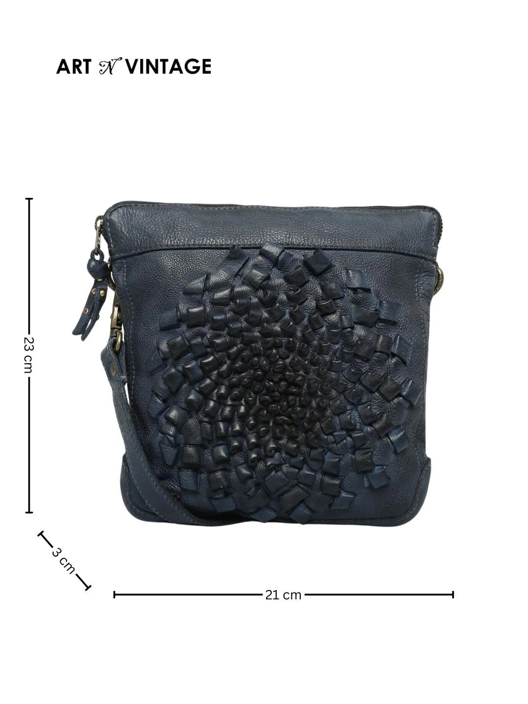 Glory: Navy Leather 3d Woven Flower Mini Crossbody