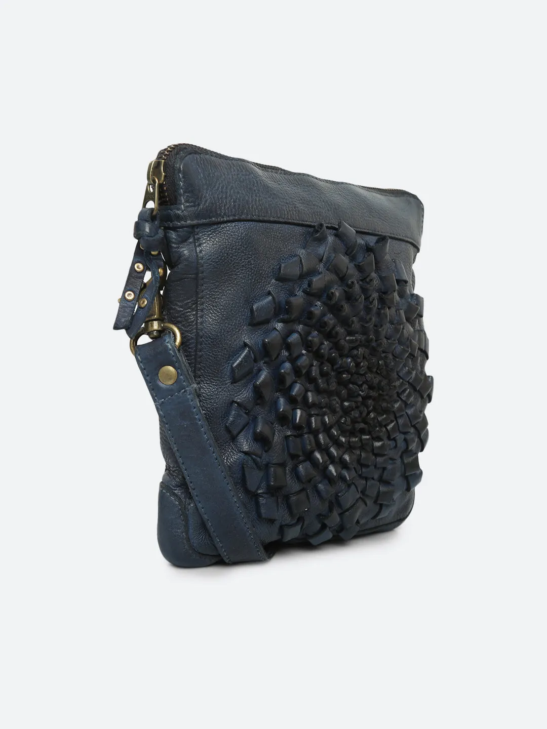 Glory: Navy Leather 3d Woven Flower Mini Crossbody