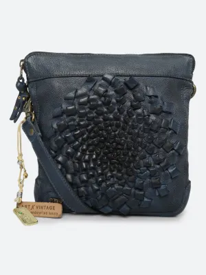 Glory: Navy Leather 3d Woven Flower Mini Crossbody