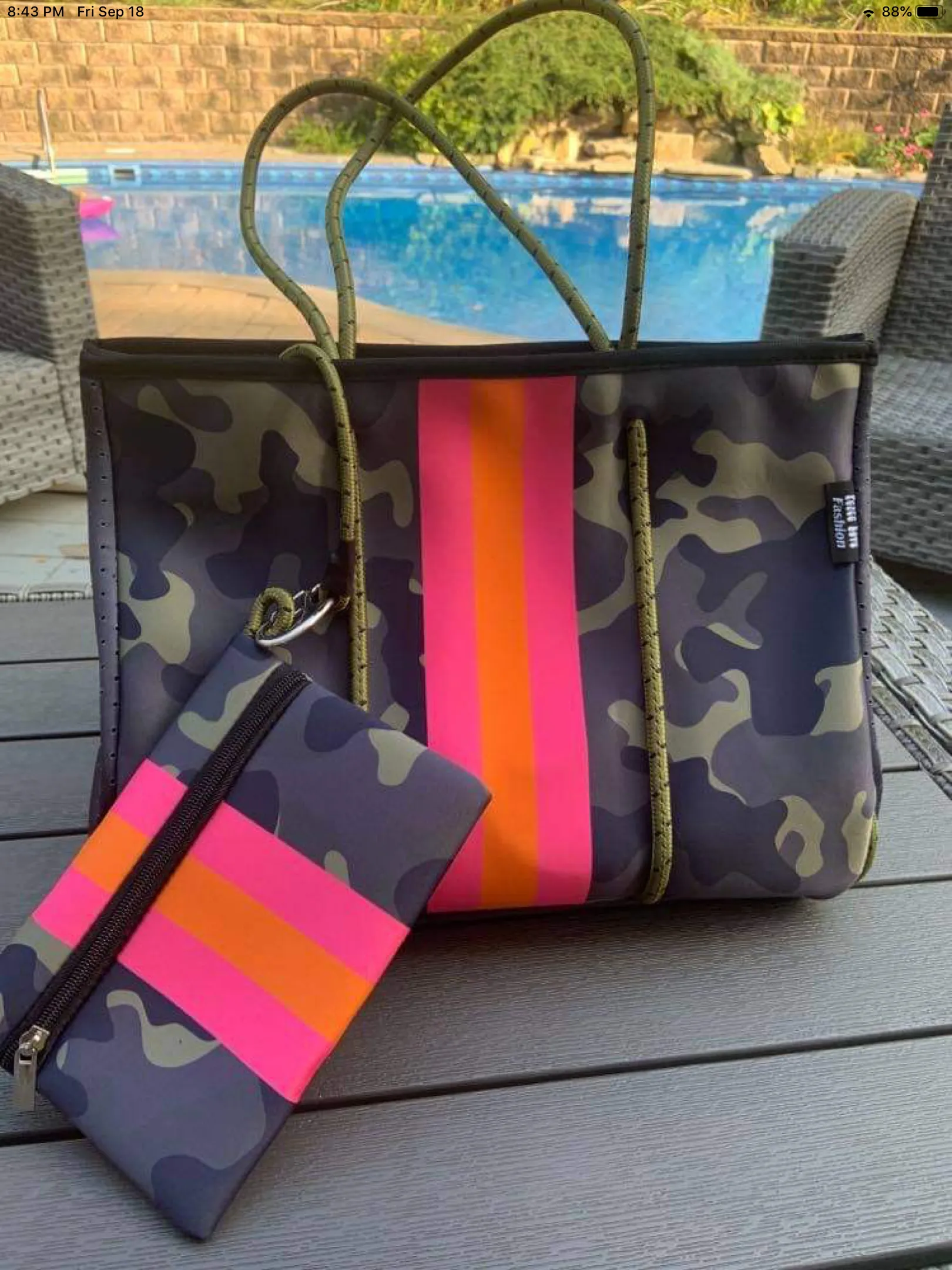 Green Camo with Neon Orange/Pink Stripe Neoprene Tote bag 🧡💗