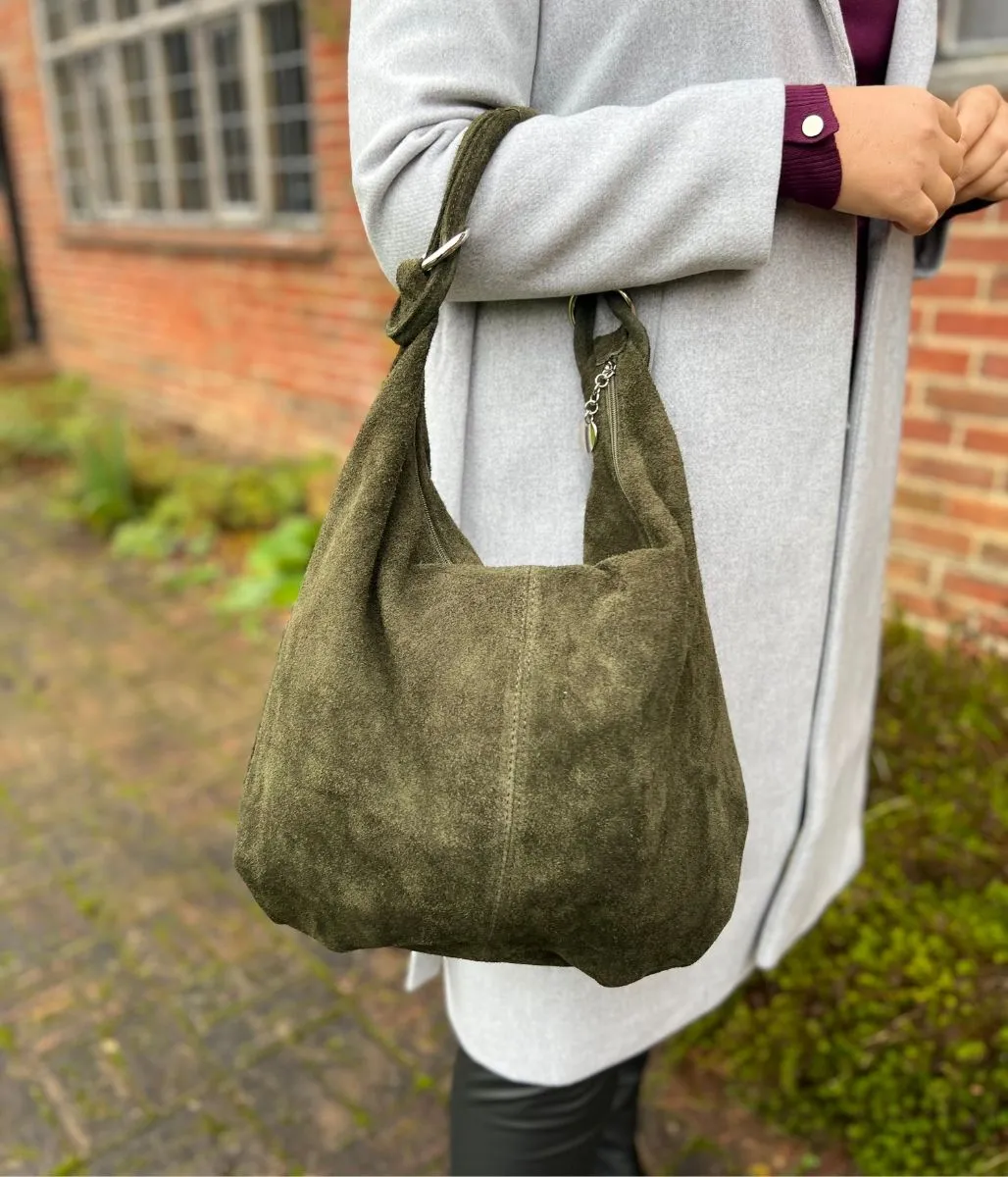 Green Suede Zipped Tote Bag