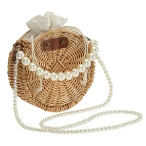 Handmade Round Bamboo Clutch Pearl Crossbody Hand Bag/Shoulder Sling Purse By APT